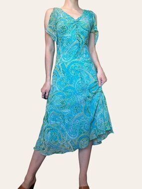 Dressbarn y2k vintage teal paisley chiffon flutter sleeve midi dress - XS